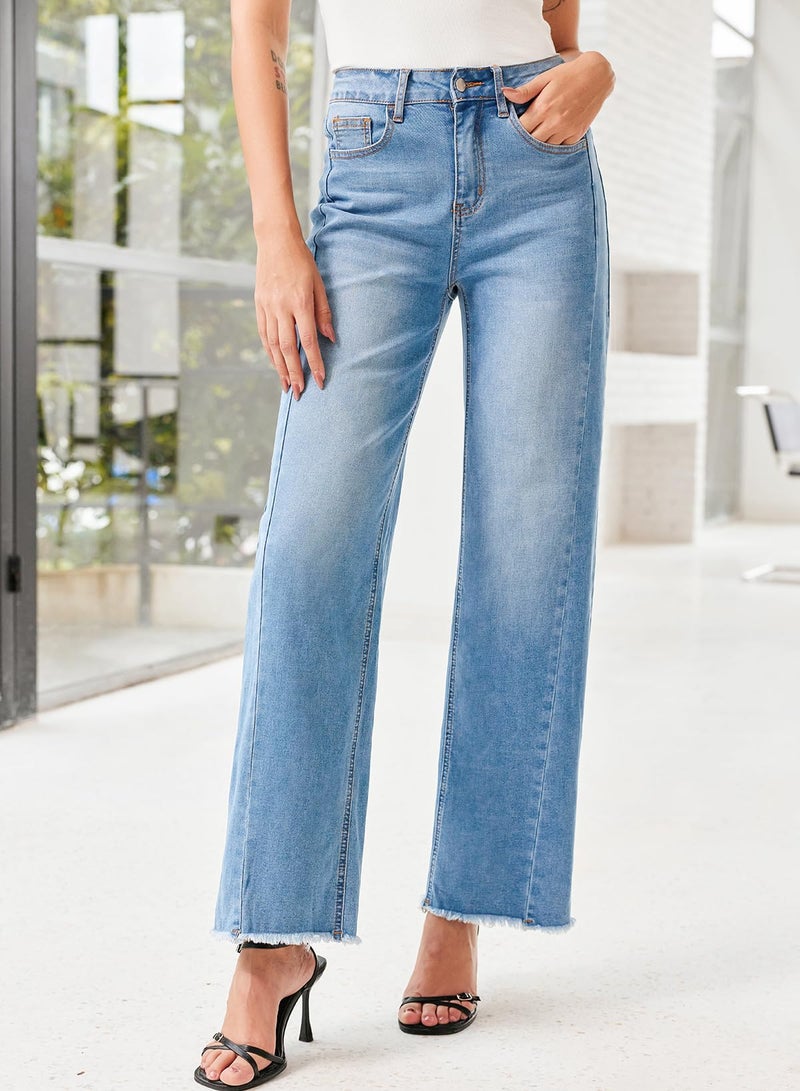 Sidefeel Women's Wide Leg Jeans High Waisted Stretchy Raw Hem Denim Pants Size 12 Light Blue - Image 3