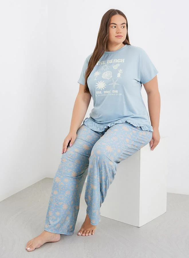 ستايلي Styli Plus Beach Graphics Ruffle Hem T-Shirt and Pyjama Set