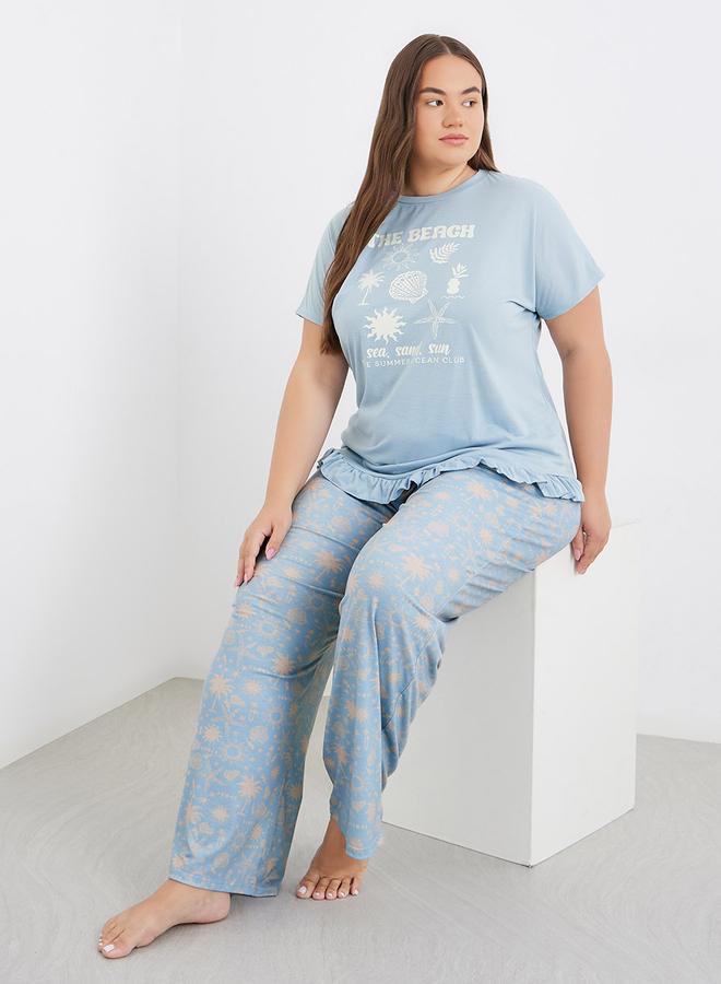 Styli Plus Beach Graphics Ruffle Hem T-Shirt and Pyjama Set - Image 1