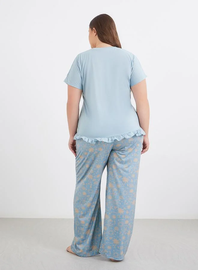 Styli Styli Plus Beach Graphics Ruffle Hem T-Shirt and Pyjama Set