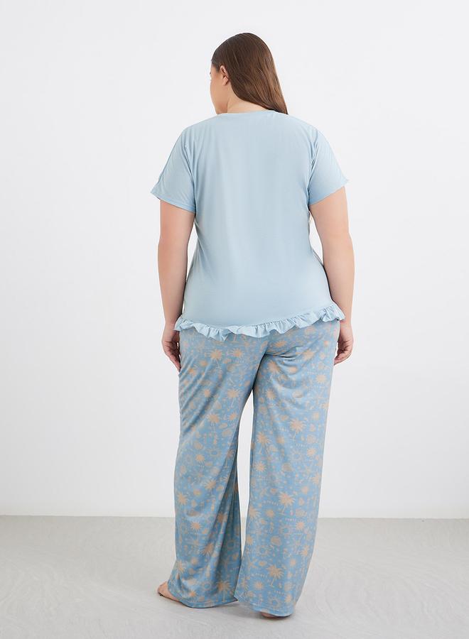 Styli Plus Beach Graphics Ruffle Hem T-Shirt and Pyjama Set - Image 5
