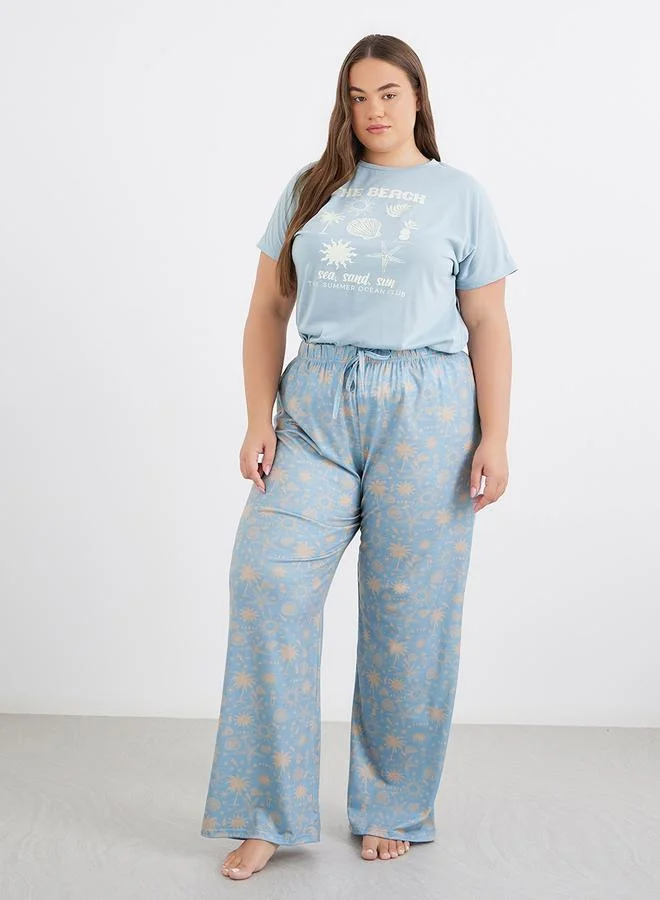 ستايلي Styli Plus Beach Graphics Ruffle Hem T-Shirt and Pyjama Set