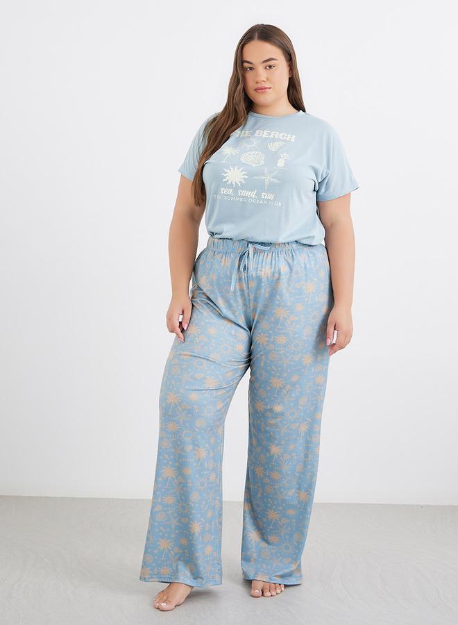 Styli Plus Beach Graphics Ruffle Hem T-Shirt and Pyjama Set - Image 2