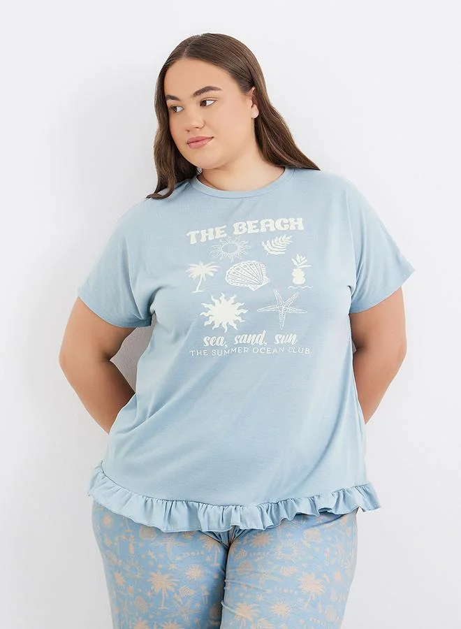 Styli Styli Plus Beach Graphics Ruffle Hem T-Shirt and Pyjama Set