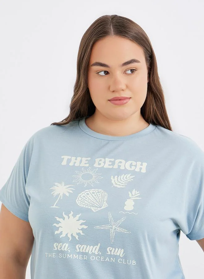 Styli Styli Plus Beach Graphics Ruffle Hem T-Shirt and Pyjama Set