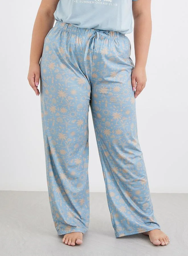 Styli Styli Plus Beach Graphics Ruffle Hem T-Shirt and Pyjama Set