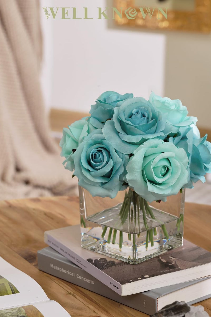 WELL KNOWN Rose Artificial Flowers in Vase with Faux Water, Silk Rose Table Centerpieces for Home Coffee Table Decor, Fake Roses Flower Arrangements for Office Hotel Lavatory Decor (Light Teal Blue) - Image 2