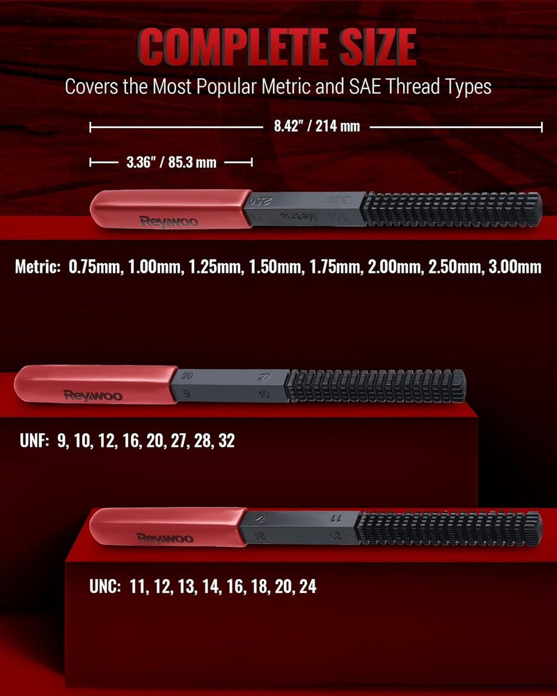 Reywoo 3-Piece Thread Restorer File Set, Thread Restoring Chaser Files, Thread Repair File Set in Metric SAE UNF UNC Sizes - Image 3