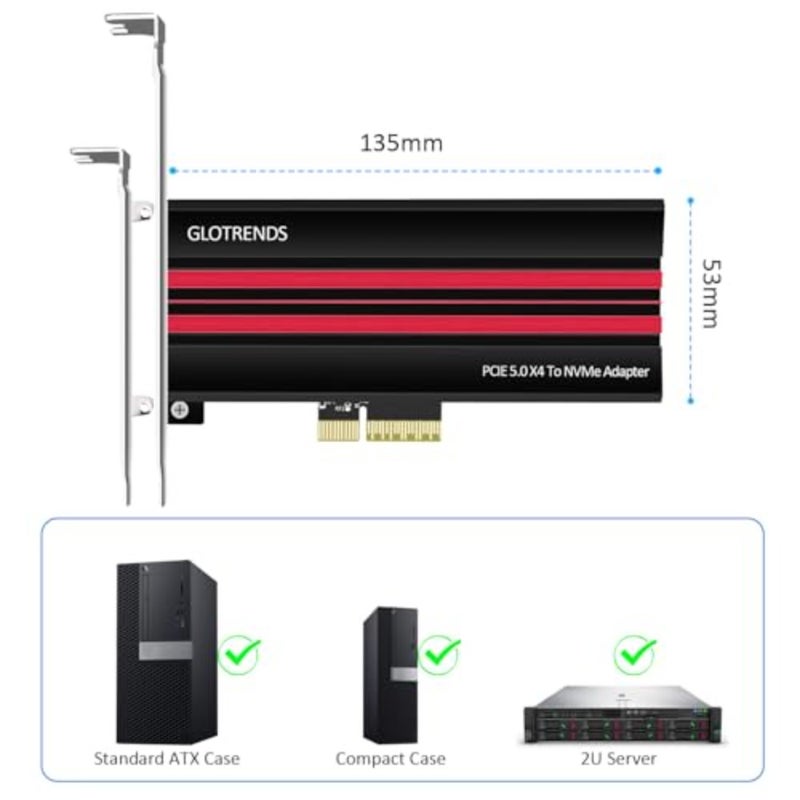 PA19 M.2 NVMe to PCIe 5.0 X4 Adapter for M.2 NVMe SSD, Large Aluminum Heatsink Cover, Regular and Low-Profile Bracket - Image 4