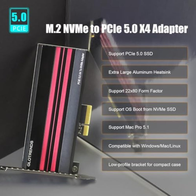 PA19 M.2 NVMe to PCIe 5.0 X4 Adapter for M.2 NVMe SSD, Large Aluminum Heatsink Cover, Regular and Low-Profile Bracket - Image 2