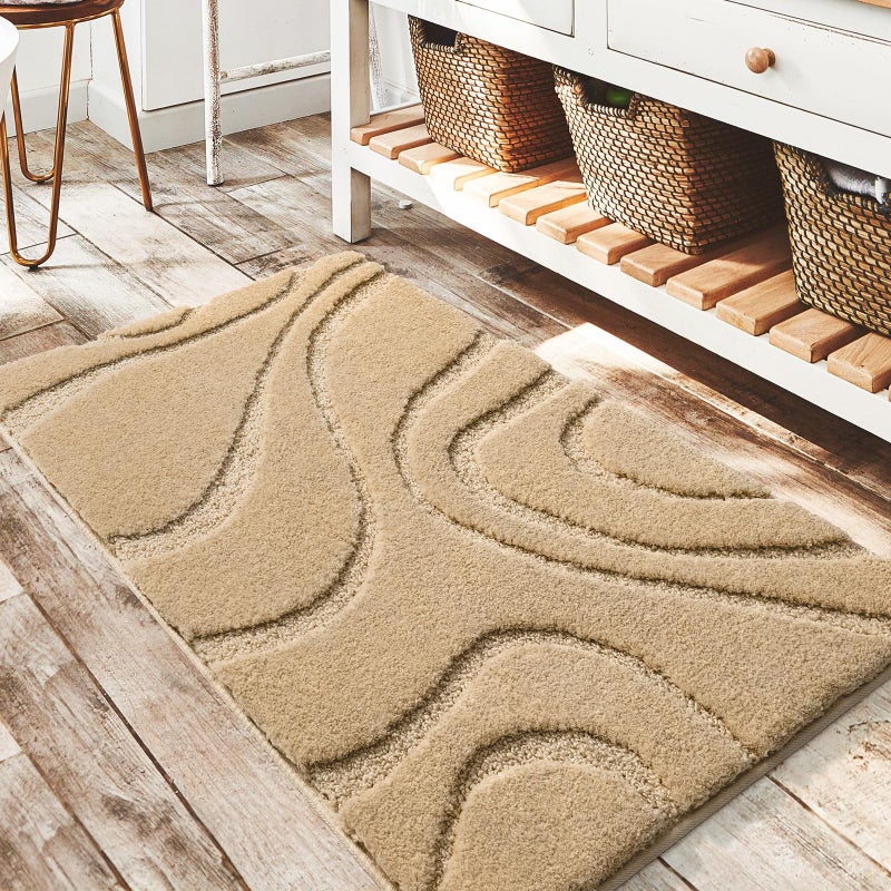 DEXDE Bathroom Rugs Mat Soft Plush Shaggy Microfiber Bath Rug Non Slip Bath Mats for Bathroom Floor Machine Washable Absorbent Carpet for Shower Tub Beige 20x32