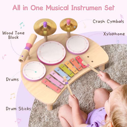 Rmischolar Kids Drum Set Montessori Musical Instruments for Toddlers 13 Wooden Baby Drum Kit with Xylophone Preschool Music Toys for Early Learning Educational Birthday Gift for Boys Girls Pink - Image 5