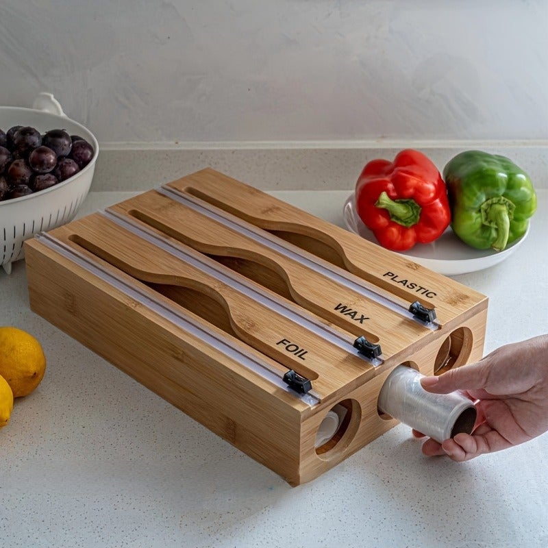 1pc, 2-In-1, 3-In-1 Bamboo Storage Bag Organizer, Plastic Bag Box, Kitchen Drawer Organizer, Fresh Wrap And Foil Cutter, Drawer, Countertop Or Wall-Mounted Kitchen Organizer - Image 4