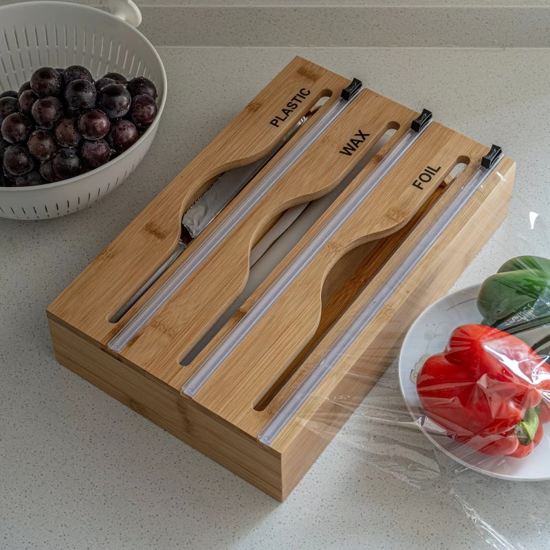 1pc, 2-In-1, 3-In-1 Bamboo Storage Bag Organizer, Plastic Bag Box, Kitchen Drawer Organizer, Fresh Wrap And Foil Cutter, Drawer, Countertop Or Wall-Mounted Kitchen Organizer - Image 2