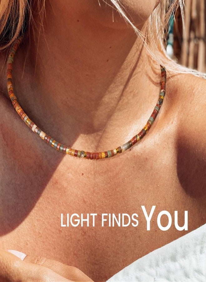 AGOT Beaded Gemstone Necklace for Women: Natural Healing Red Creek Jasper Necklaces for Stress Relief - Boho Bead Choker Handmade Jewelry for Summer Beach Best Birthday Christmas Gifts for Her - Image 4