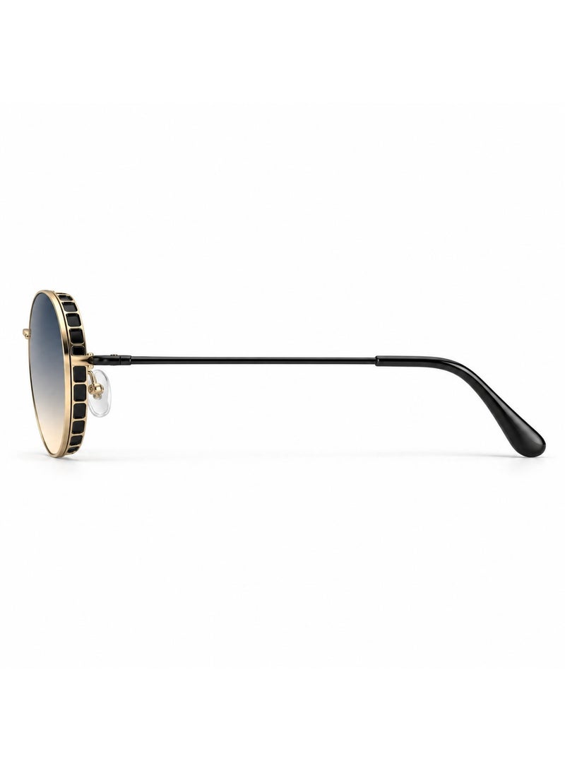 Oval Sunglasses - Gradient Blue-to-Beige Lenses, Gold-Tone Metal Frame - Image 2