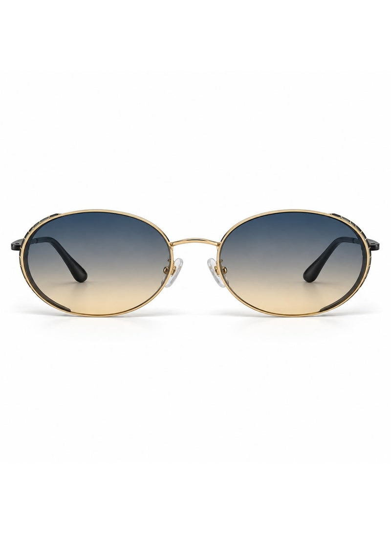 Oval Sunglasses - Gradient Blue-to-Beige Lenses, Gold-Tone Metal Frame - Image 3