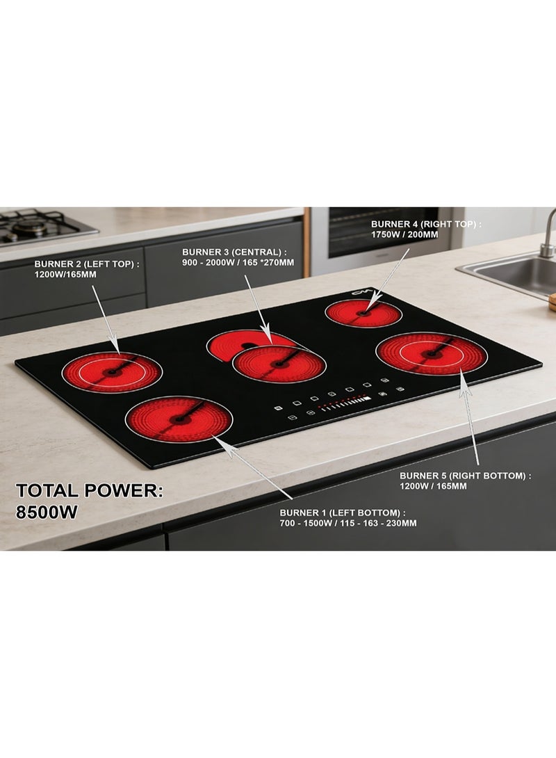 CM DREAM 90CM Vitroceramic Hob, Beveled Black Glass, Infrared Sliding Touch Control, 9 Power Levels, Auto Safety Shut-Off, Anti-Overheat, 5 Heating Zones, Timer, Child Lock, Residual Heat - Image 3