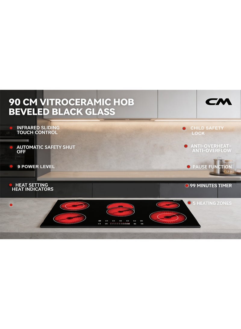 CM DREAM 90CM Vitroceramic Hob, Beveled Black Glass, Infrared Sliding Touch Control, 9 Power Levels, Auto Safety Shut-Off, Anti-Overheat, 5 Heating Zones, Timer, Child Lock, Residual Heat - Image 2