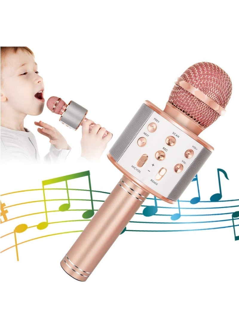 Wireless Bluetooth Karaoke Microphone for Kids, 5-in-1 Portable Handheld Karaoke Mic Speaker Player Recorder with Adjustable Remix FM Radio for Kids Girls Boys Teens Birthday (858-Rose Gold) - Image 1