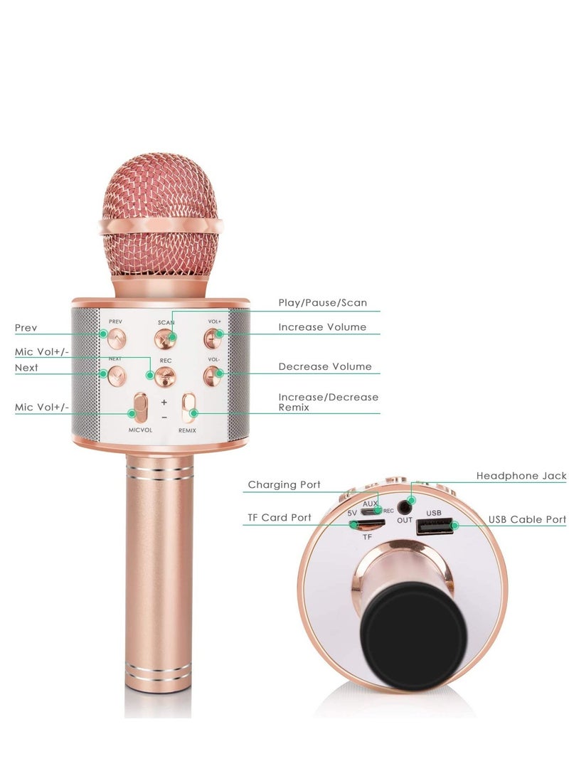 Wireless Bluetooth Karaoke Microphone for Kids, 5-in-1 Portable Handheld Karaoke Mic Speaker Player Recorder with Adjustable Remix FM Radio for Kids Girls Boys Teens Birthday (858-Rose Gold) - Image 4