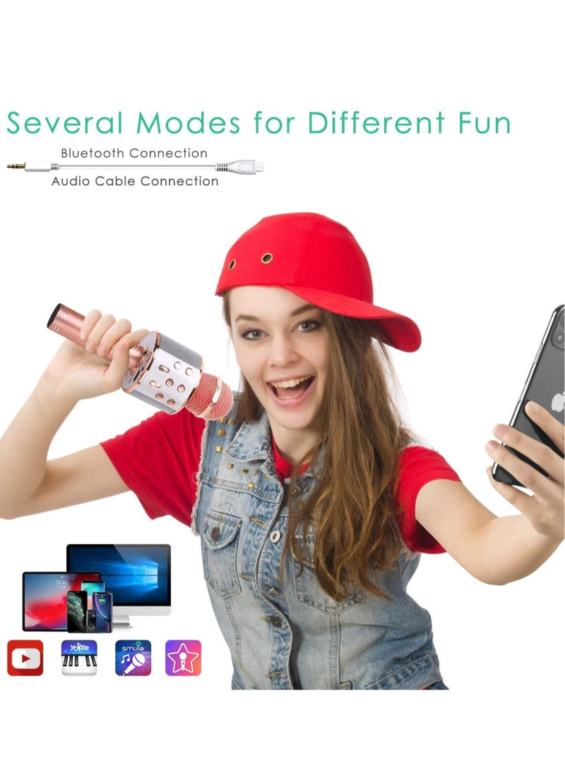 Wireless Bluetooth Karaoke Microphone for Kids, 5-in-1 Portable Handheld Karaoke Mic Speaker Player Recorder with Adjustable Remix FM Radio for Kids Girls Boys Teens Birthday (858-Rose Gold) - Image 3