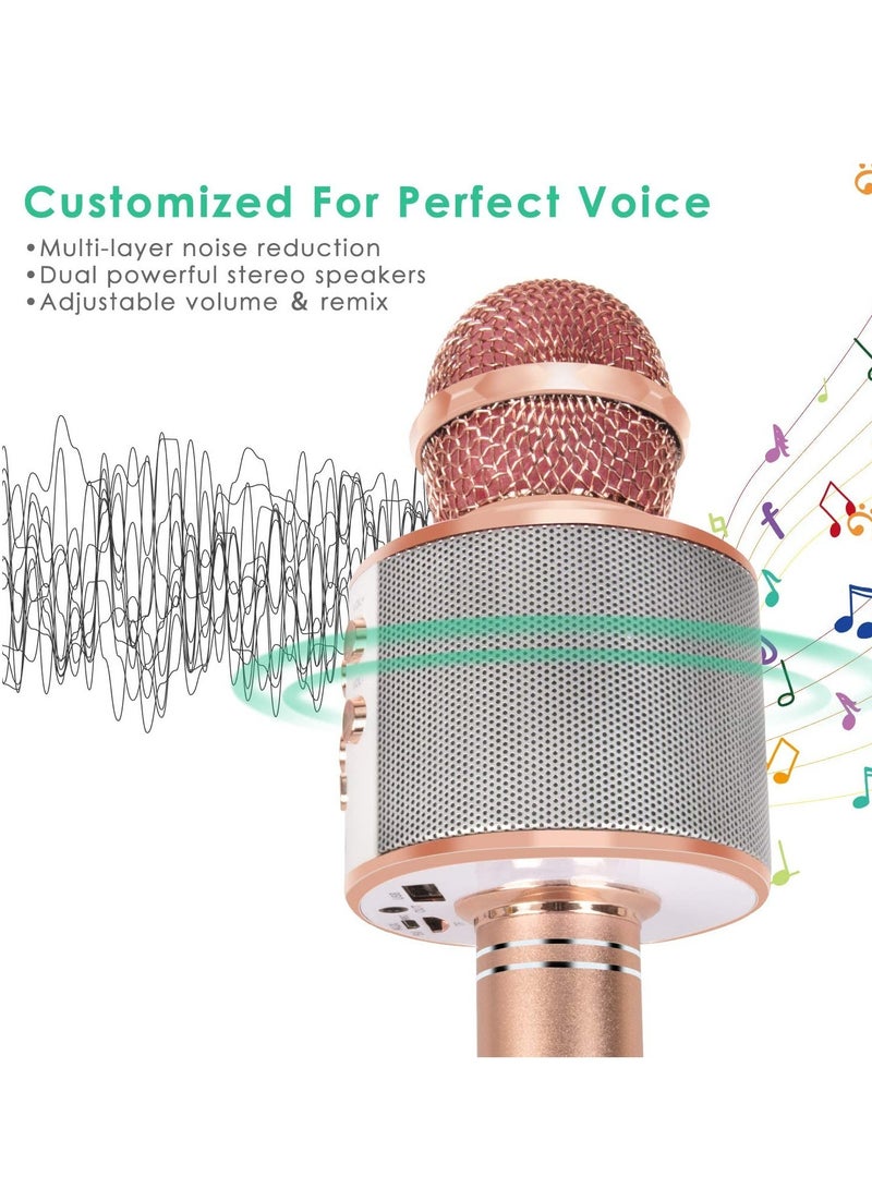 Wireless Bluetooth Karaoke Microphone for Kids, 5-in-1 Portable Handheld Karaoke Mic Speaker Player Recorder with Adjustable Remix FM Radio for Kids Girls Boys Teens Birthday (858-Rose Gold) - Image 2