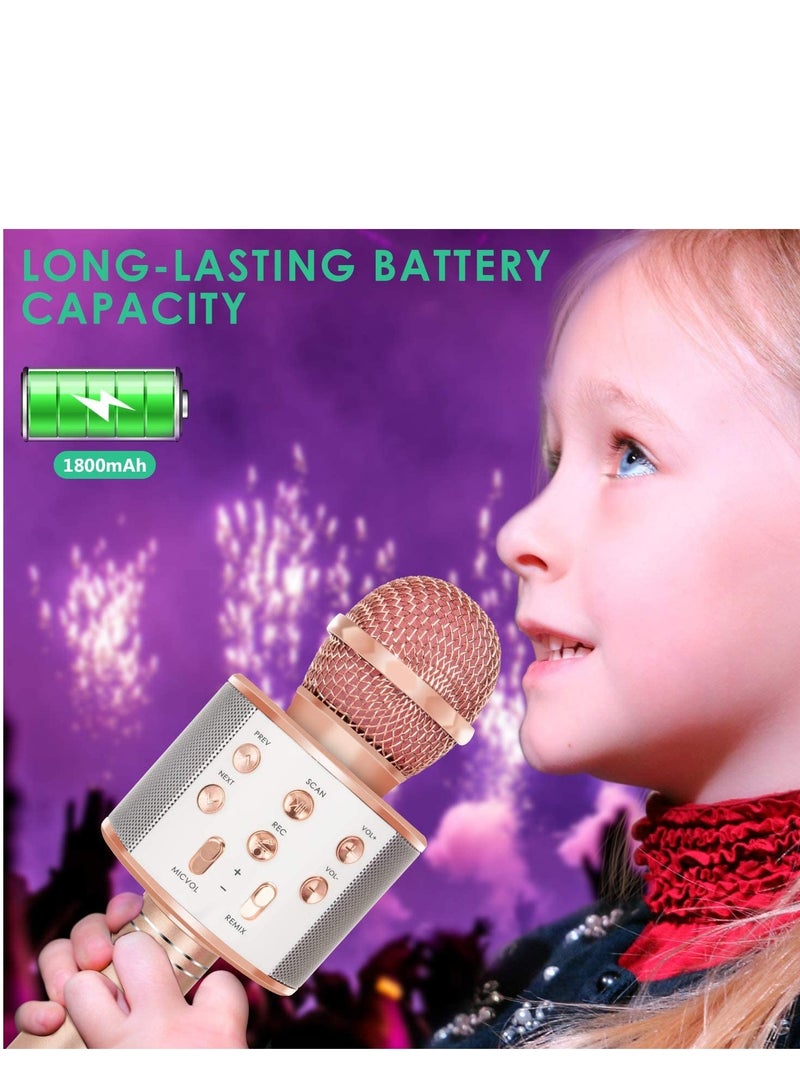Wireless Bluetooth Karaoke Microphone for Kids, 5-in-1 Portable Handheld Karaoke Mic Speaker Player Recorder with Adjustable Remix FM Radio for Kids Girls Boys Teens Birthday (858-Rose Gold) - Image 5