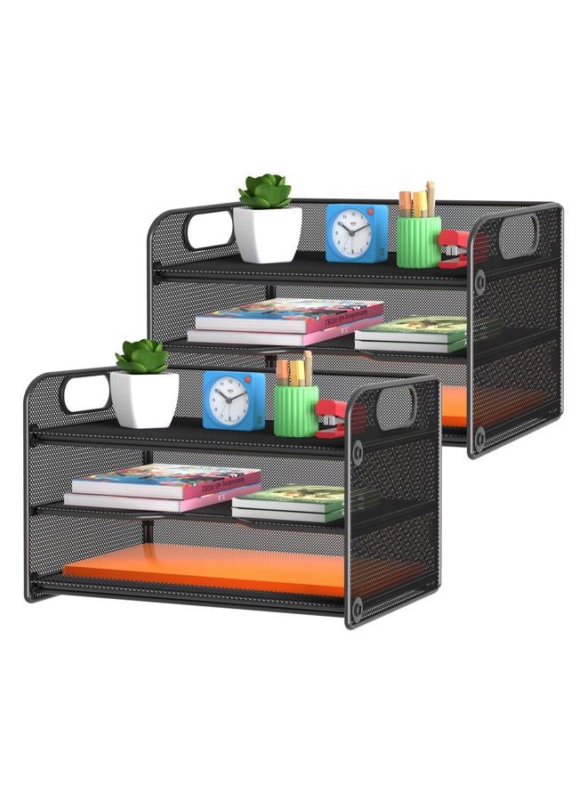 Samstar 2 Pack 3-Tier Letter Tray Paper Organizer with Handle, Mesh Desk Organizer Paper Sorter File Rack Shelves, Black - Image 1