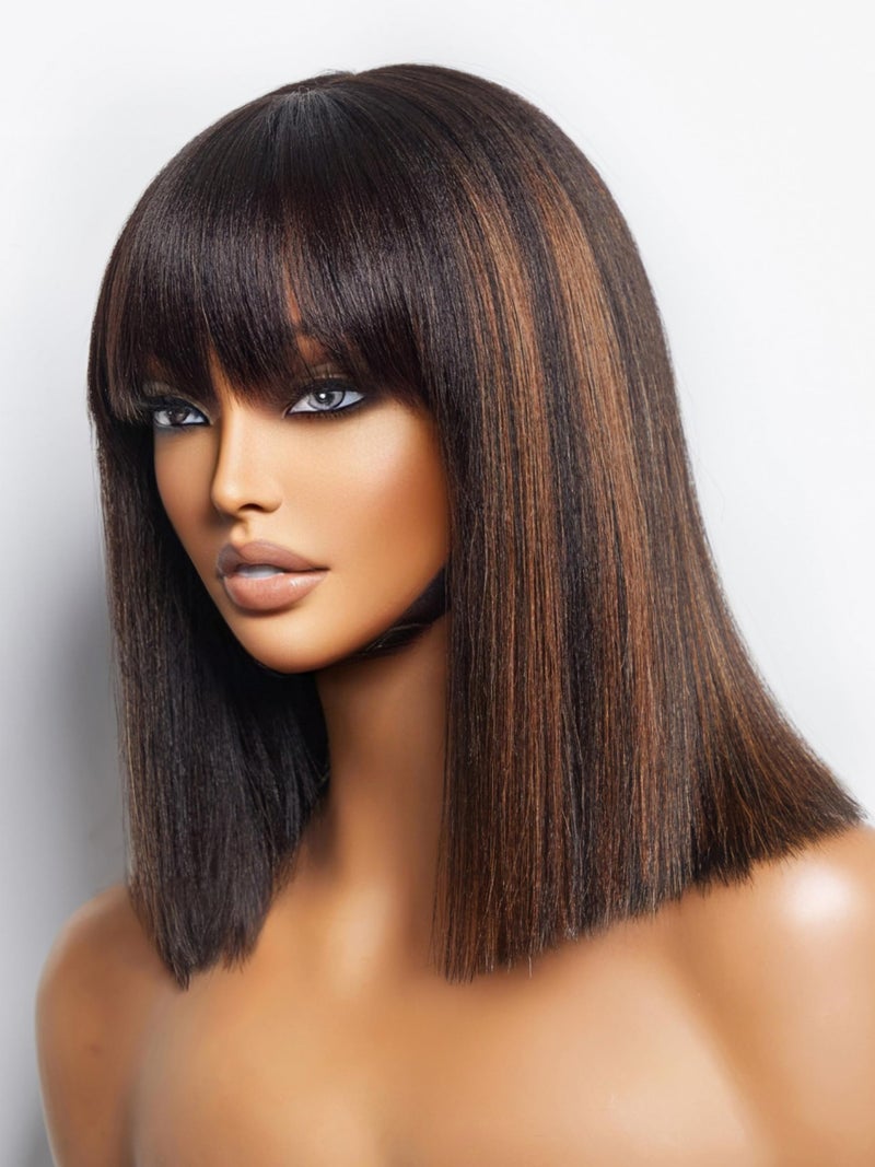 LUVME HAIR 12 Inch Yaki Straight Bob Wig with Bangs Human Hair Glueless HD Lace Bob Wig with Brown Highlights Ready to Go Short Wigs For Women 180 Density Breathable Cap