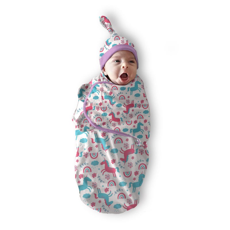 POLKA TOTS Cotton New Born Unicorn Print Swaddle Wrap with Cap, Soft & Breathable, Adjustable Velcro, Cozy & Secure Fit for Infant Comfort, Ideal for Baby Showers & Daily Use(0-6 months) - Image 1