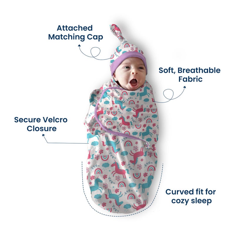 POLKA TOTS Cotton New Born Unicorn Print Swaddle Wrap with Cap, Soft & Breathable, Adjustable Velcro, Cozy & Secure Fit for Infant Comfort, Ideal for Baby Showers & Daily Use(0-6 months) - Image 3