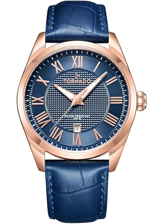 تورنيدو ساعة رجالية يابانية بحركة كوارتز وشاشة تناظرية وحزام جلدي T8007 Rlnn باللون الأزرق