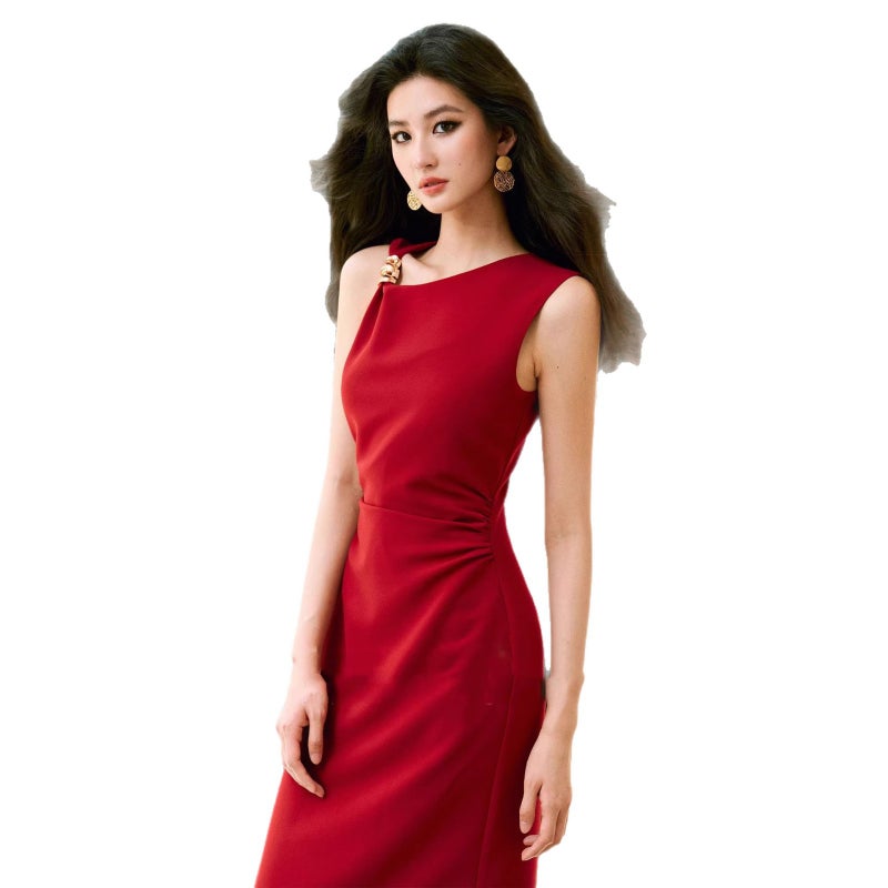 French Hepburn Style Metallic Embellished Ruched U-Neck Satin Evening Dress - Image 5