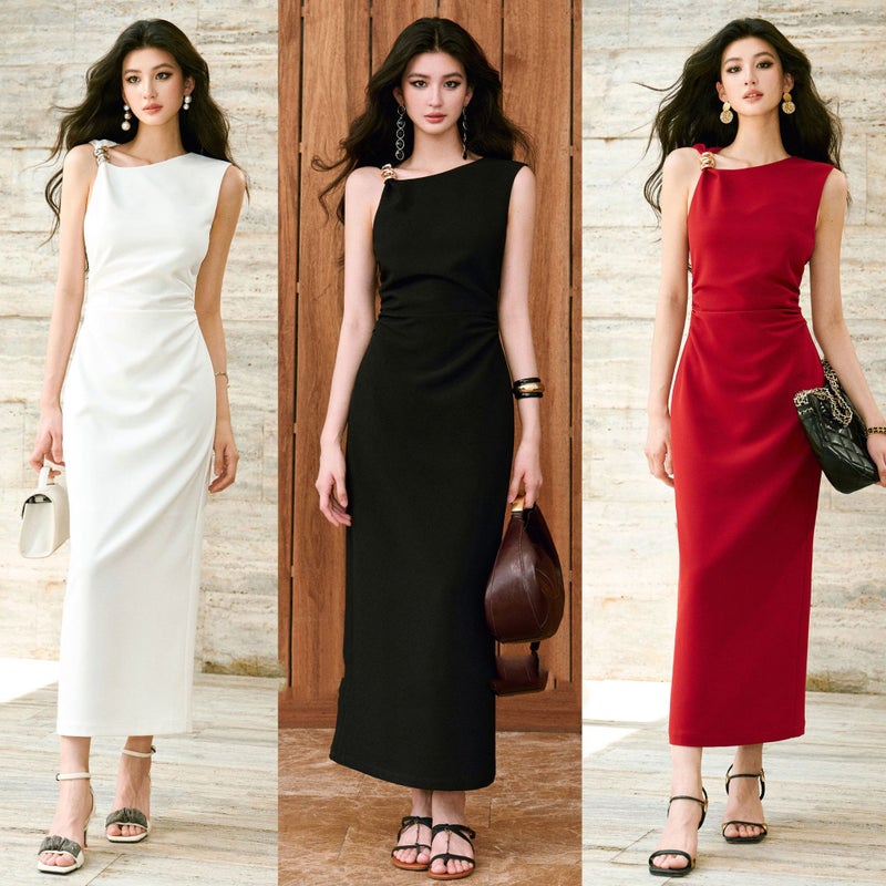 French Hepburn Style Metallic Embellished Ruched U-Neck Satin Evening Dress - Image 1