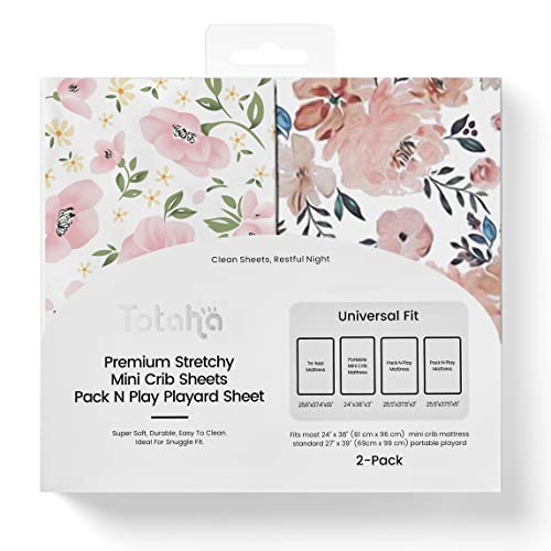 TotAha Graco Pack and Play Sheets Fitted, TotAha Buttery Soft Mini Crib Sheets Girl, Floral Pack N Play Mattress Sheets Hypoallergenic, Premium Jersey Playrad Sheets, Meredith Allover & Pale Pink, 2 Pack - Image 1