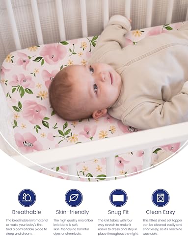 TotAha Graco Pack and Play Sheets Fitted, TotAha Buttery Soft Mini Crib Sheets Girl, Floral Pack N Play Mattress Sheets Hypoallergenic, Premium Jersey Playrad Sheets, Meredith Allover & Pale Pink, 2 Pack - Image 3
