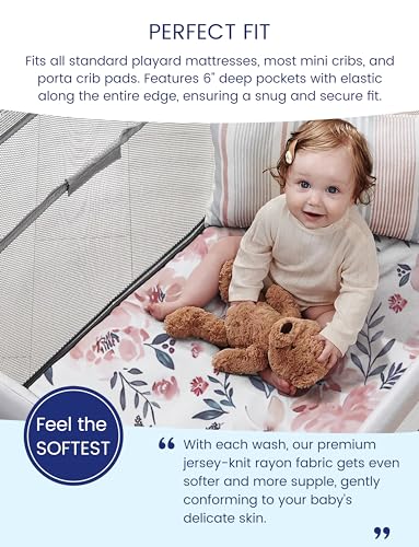 TotAha Graco Pack and Play Sheets Fitted, TotAha Buttery Soft Mini Crib Sheets Girl, Floral Pack N Play Mattress Sheets Hypoallergenic, Premium Jersey Playrad Sheets, Meredith Allover & Pale Pink, 2 Pack - Image 2