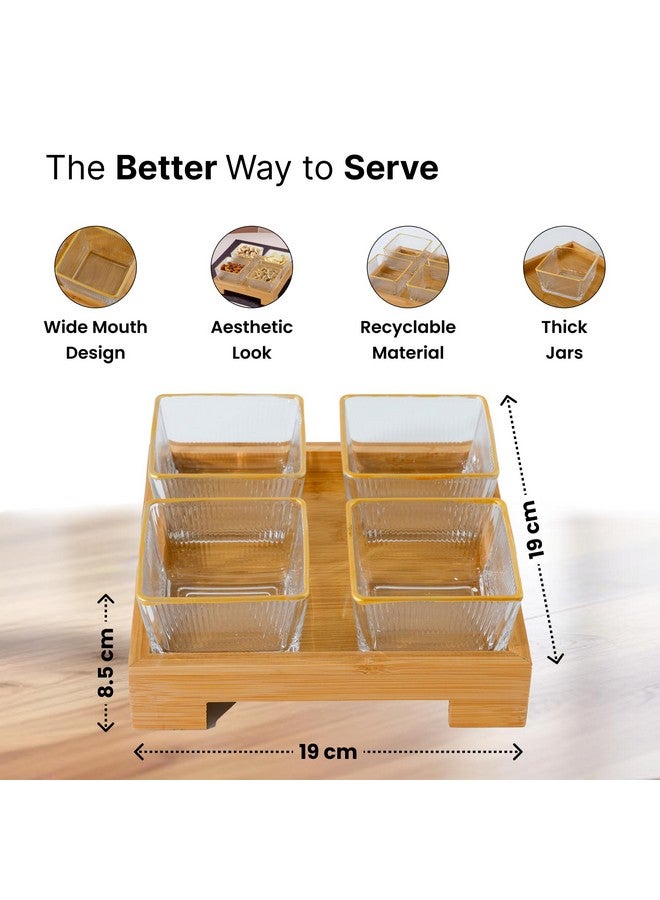 The Better Home طقم تقديم الأطباق المنزلية الأفضل للوجبات الخفيفة مع صينية خشبية، ملعقة و 3 برطمانات (180 مل لكل منها) | زجاج صودا لايم فاخر | أطباق وجبات خفيفة للتقديم مع صينية - Image 4