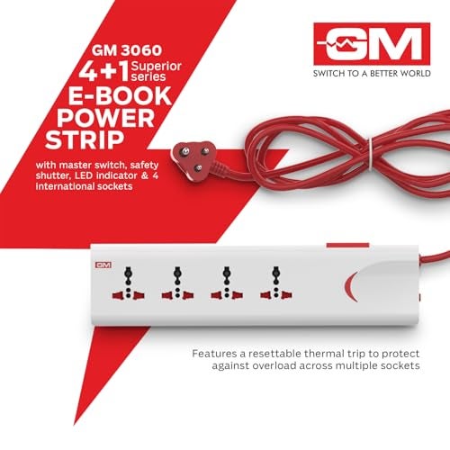 GM لوحة تمديد GM 3060 بقدرة 10 أمبير و250 فولت مع سلك تمديد بطول 2 متر وحماية من زيادة التيار | مفتاح رئيسي، غطاء أمان، 4 مقابس دولية | محول سفر متعدد الاستخدامات للأجهزة المنزلية - Image 4
