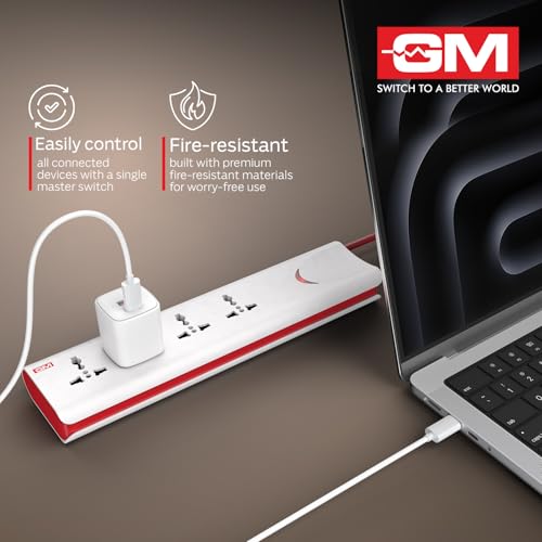 GM لوحة تمديد GM 3060 بقدرة 10 أمبير و250 فولت مع سلك تمديد بطول 2 متر وحماية من زيادة التيار | مفتاح رئيسي، غطاء أمان، 4 مقابس دولية | محول سفر متعدد الاستخدامات للأجهزة المنزلية - Image 2