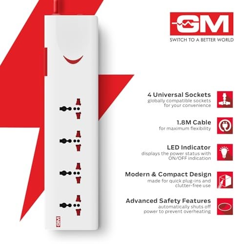 GM لوحة تمديد GM 3060 بقدرة 10 أمبير و250 فولت مع سلك تمديد بطول 2 متر وحماية من زيادة التيار | مفتاح رئيسي، غطاء أمان، 4 مقابس دولية | محول سفر متعدد الاستخدامات للأجهزة المنزلية - Image 5
