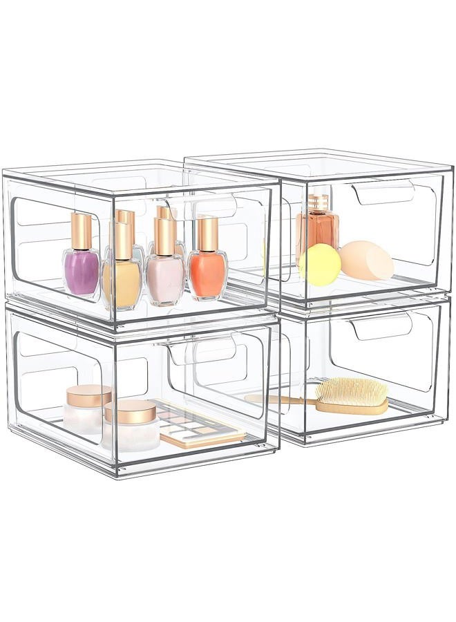 SpaceHacks 4 Pack Stackable Plastic Makeup Organizer Drawers, Acrylic Organizers, Clear Storage Bins with Pull-Out Handles for Vanity, under sink, Kitchen Cabinets, Pantry - Image 1