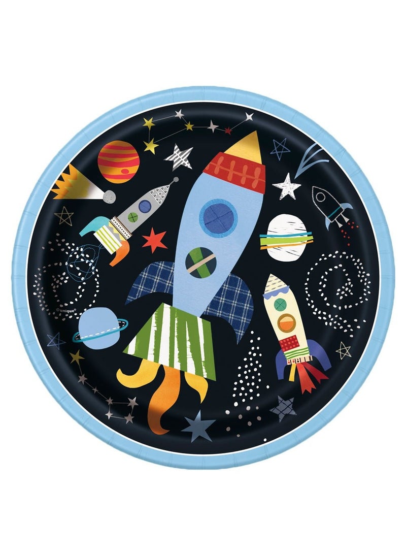 Unique Outer Space Rocket Disposable Paper Plates Black 22cm 8-Pack - Image 1