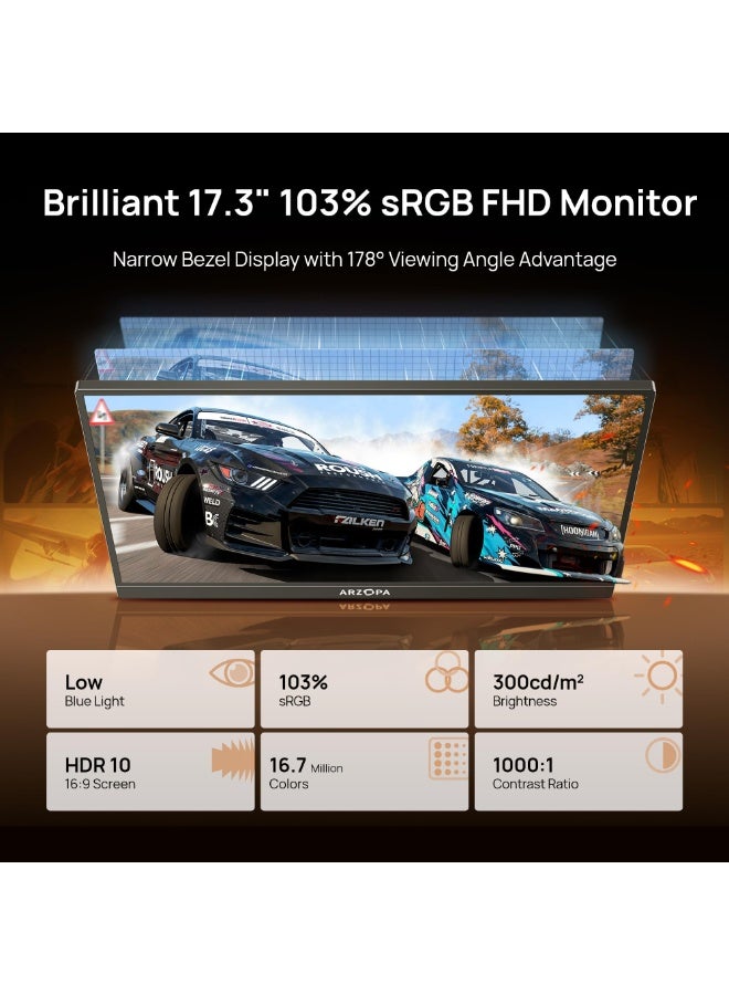 ARZOPA Portable Monitor 17.3 Inch 1080P FHD HDR IPS Kickstand Laptop Computer Monitor HDMI USB C External Screen for PC Mac Phone Xbox Switch PS5 - Image 5