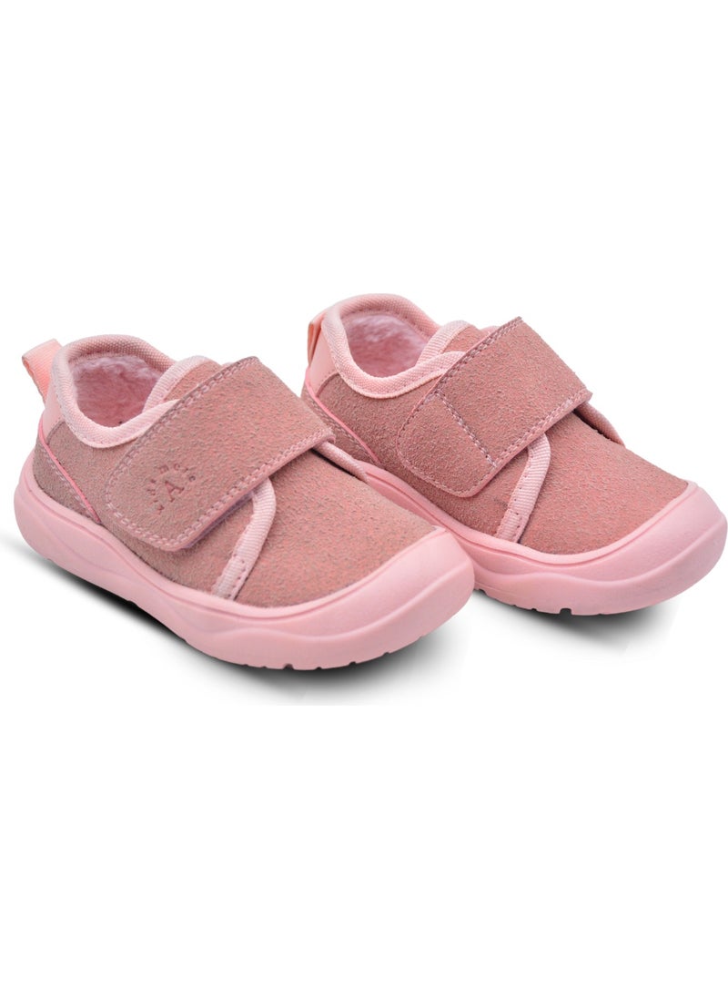 Kids A More - Wide Single Velcro Plush Furry Anatomical Baby Girl Shoes Pink - Image 1