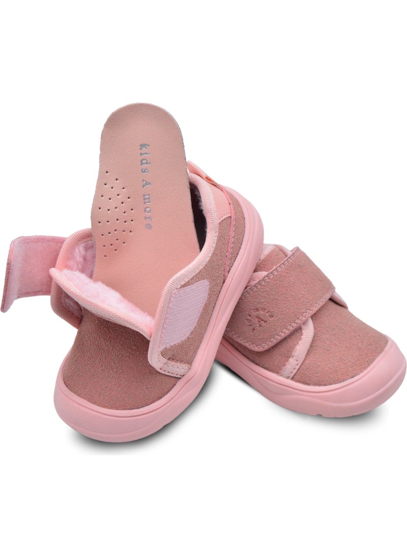 Kids A More - Wide Single Velcro Plush Furry Anatomical Baby Girl Shoes Pink - Image 1
