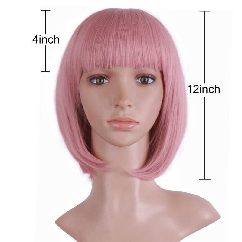 MapofBeauty MapofBeauty 12 Inch/30cm Fashion Lady Short Straight Flat Bangs Bob Wig (Rouge Pink)  - Image 5