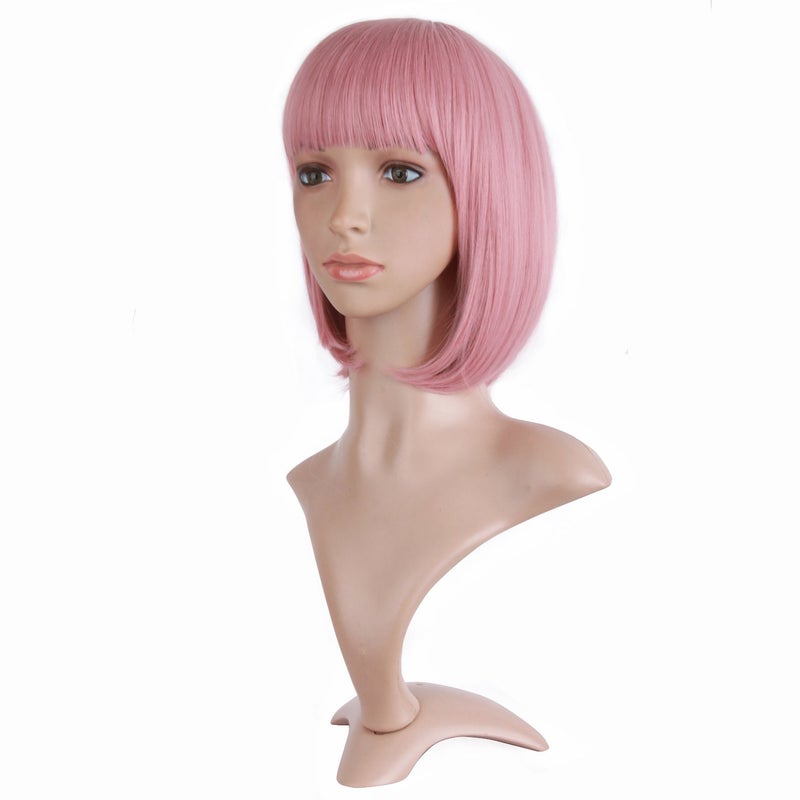 MapofBeauty MapofBeauty 12 Inch/30cm Fashion Lady Short Straight Flat Bangs Bob Wig (Rouge Pink)  - Image 3