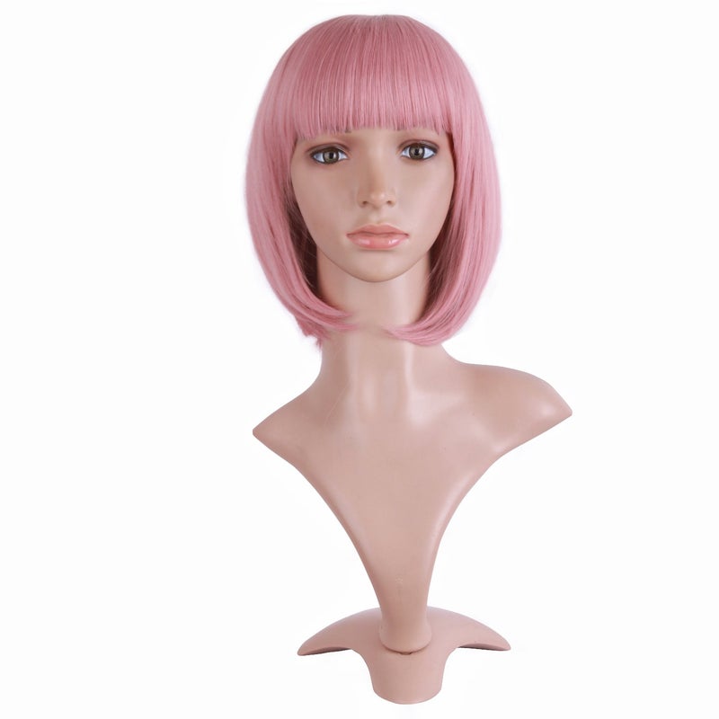 MapofBeauty MapofBeauty 12 Inch/30cm Fashion Lady Short Straight Flat Bangs Bob Wig (Rouge Pink)  - Image 1